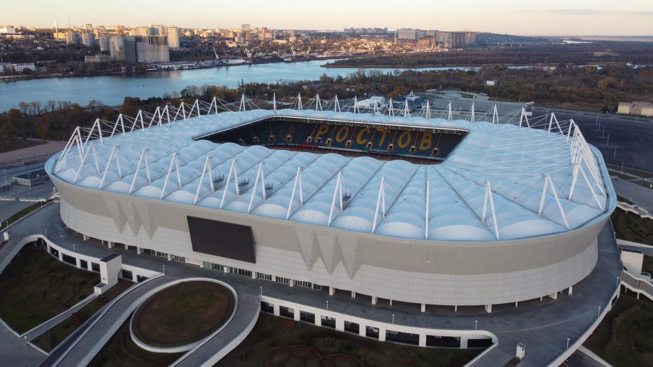 Rostov Arena stadium in the evening aerial view. Rostov-on-Don, Russia - October 2021