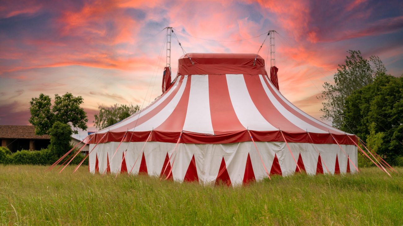 Colourful circus tent on green meadow against a colorful sunset sky