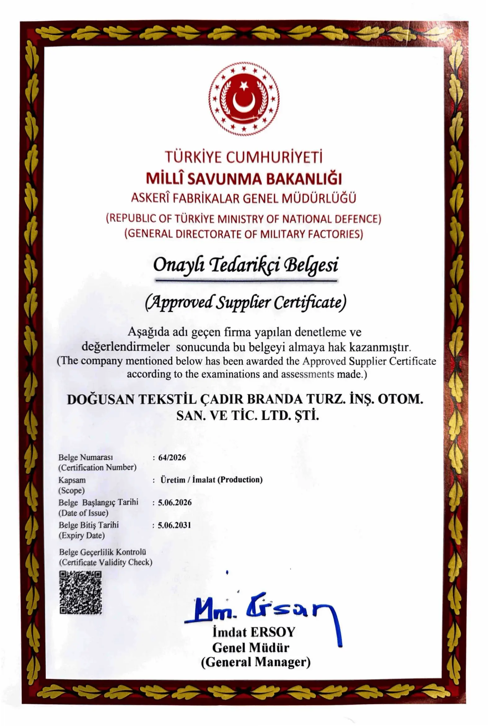 MSB Onayli Tedarikci Belgesi 2026 1 DOGUSAN